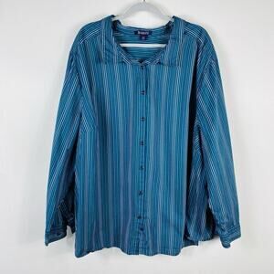 Roaman's Plus Size 36 Striped Long Sleeve Button Front Shirt Top Blue Cotton